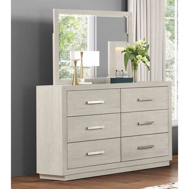 Light Gray Finish Transitional 4 Pc Bedroom Set LED Bed Nightstand Dresser Mirror