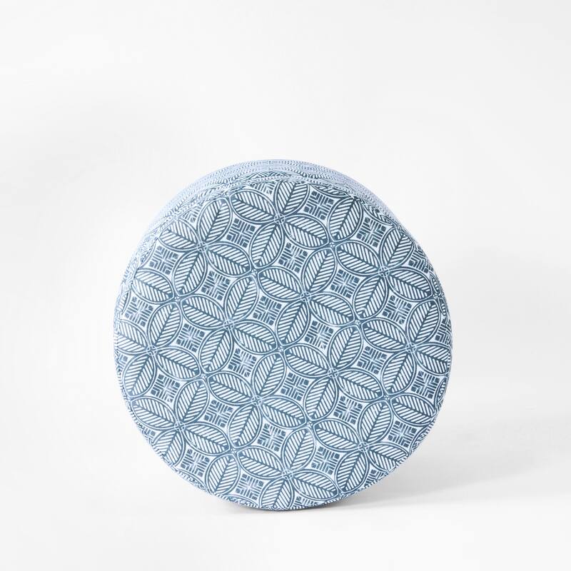 Loni Round Storage Ottoman, 19 Inch Indigo Blue Pattern, Walnut Brown