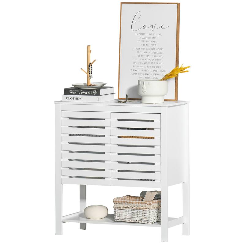 HOMCOM Modern Media Console Cabinet with Slat Double Doors, Enclosed Adjustable Shelf and Open Bottom Shelf, White - 11.75*30*32