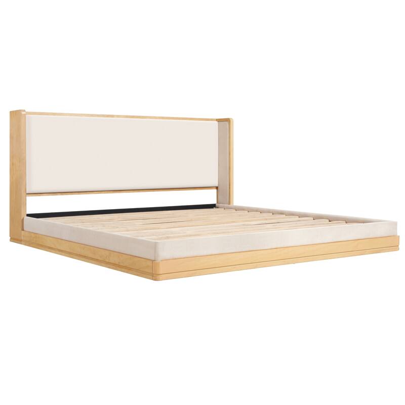 Wood Low Profile Bed Frame with Headboard, Mid-Century Floor Fabric Upholstered Bed Frame, Wood Slats Support, Beige + Nutural