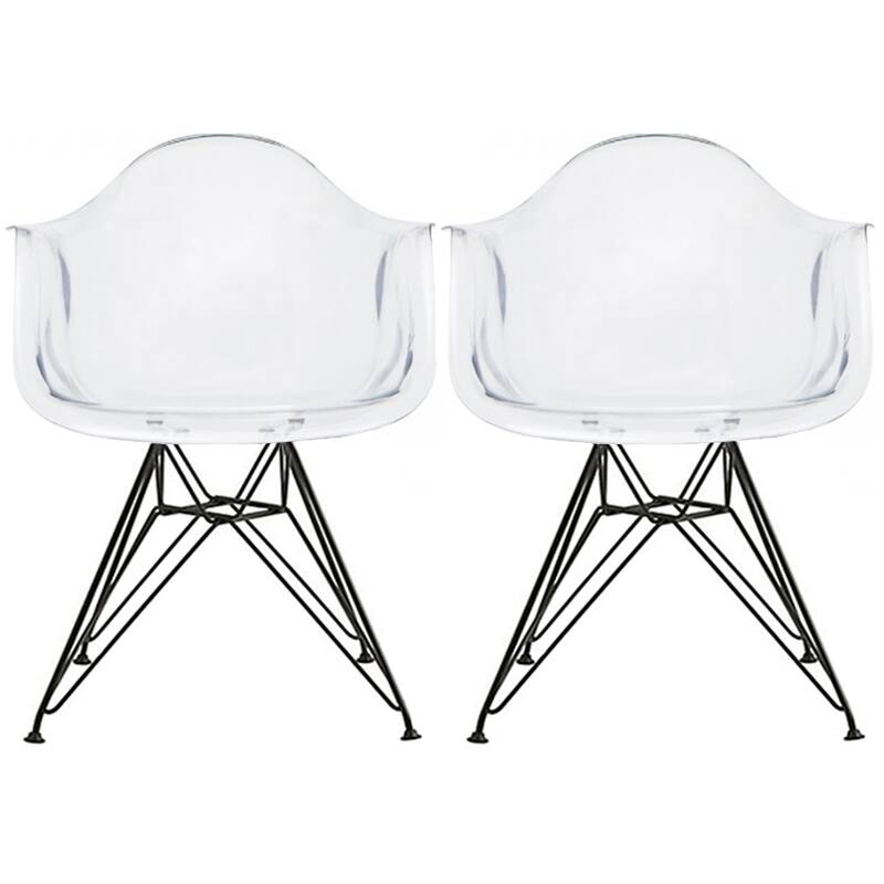 Set of 2 Clear Modern Designer Acrylic Plastic Chair With Arms Armchairs Dining Silver Solid Chrome Office