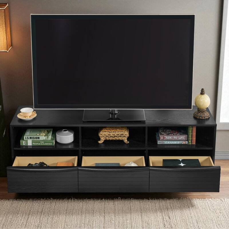 63" Mid-Century Modern TV Stand for TVs up to 75", Farmhouse Media Console with Louver Design, Drawers & Outlet Holes
