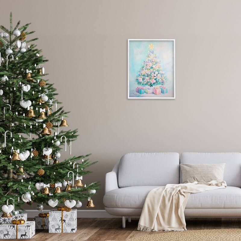 Stupell Pastel Christmas Tree on Blue Framed Giclee Art Design By Arlington Prints