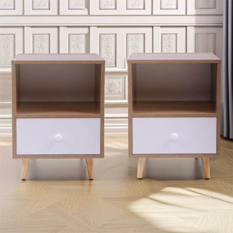 Wooden Storage Nightstand with Drawer and Legs(Set of 2)