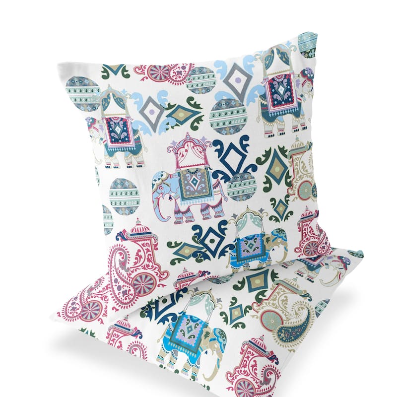 HomeRoots Set of Two 16" X 16" Pink and White Elephant Blown Seam Eclectic Indoor Outdoor Throw Pillow