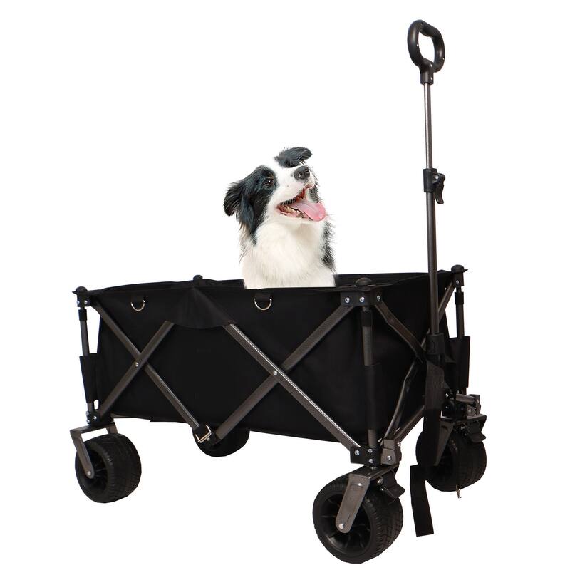 Folding Wagon, Heavy Duty Beach Cart for Sand with Big Wheels, Adjustable Handle&Drink Holders for Shopping, Camping and Outdoor