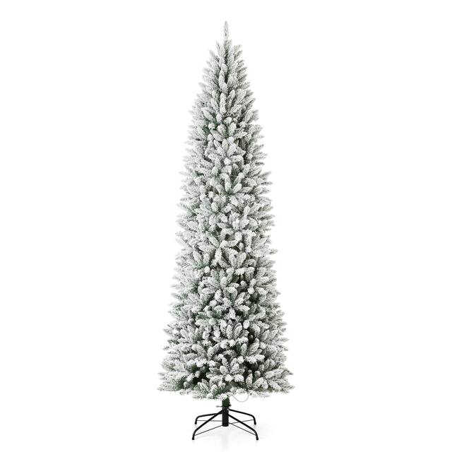 Glitzhome Snow Flocked Pre-lit Fir Christmas Tree - 9FT Pencil Fir