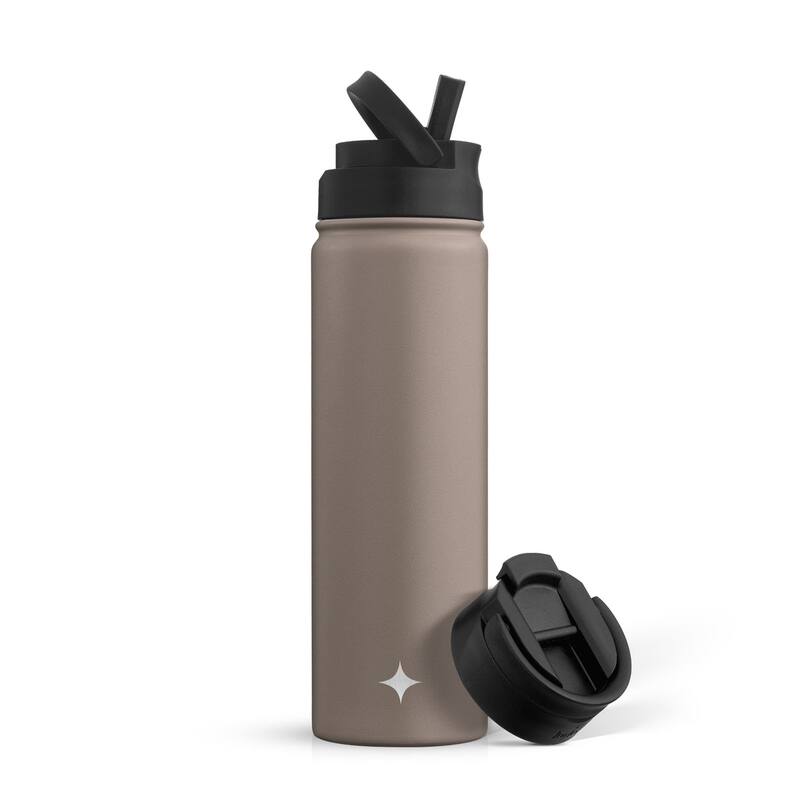 JoyJolt Triple Insulated Stainless Steel Water Bottle with Flip Lid & Sport Straw Lid - 22 oz - Desert Taupe