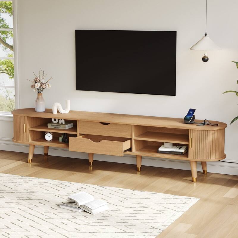 Mid-Century Modern Fluted TV Stand with Charging Station and Ample Storage for TVs Up to 80"