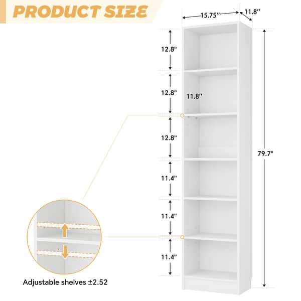 dimension image slide 3 of 6, 80" Tall 6-Tier Bookcase With 2 Adjustable Shelves, Modern Open Storage Shelf for Home Office and Bedroom