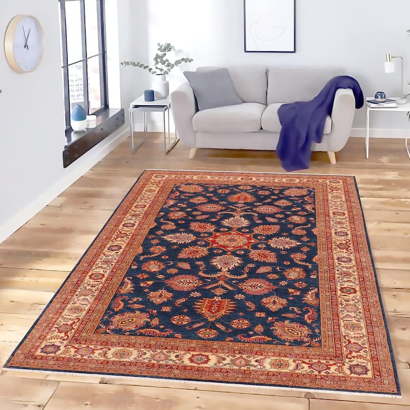 Super Kazak Sammie Blue/Beige Wool Rug (7'11 x 11'2) - 7'11" x 11'2"