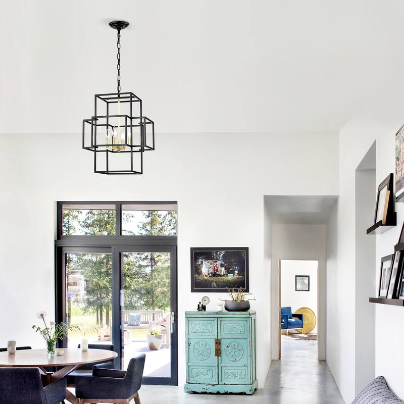 Industrial 4-Light Matte Black Farmhouse Lantern Chandelier, for Dining Room and Kitchen, E12 Bulbs Not Included