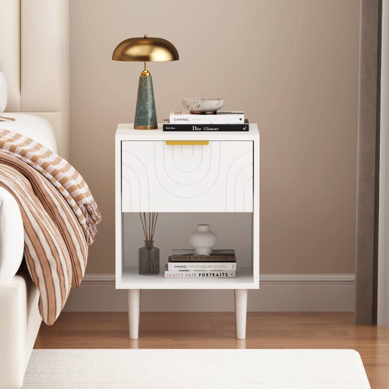 Modern White Nightstand with Gold Handle, 1 Drawer & Open Shelf