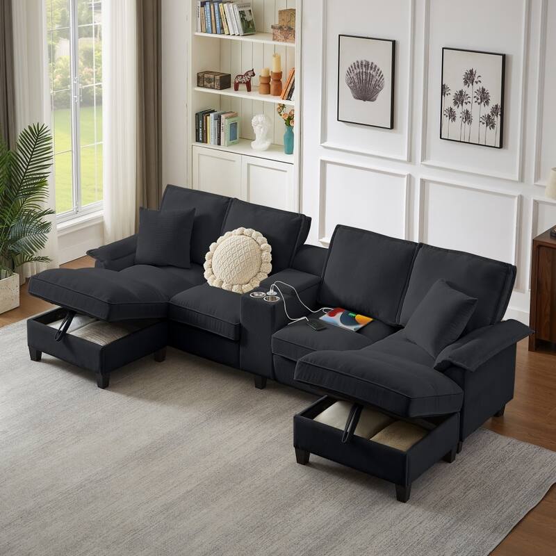 121.2" Modular Corduroy Sectional Sofa with Storage Console and Chaise Footrests