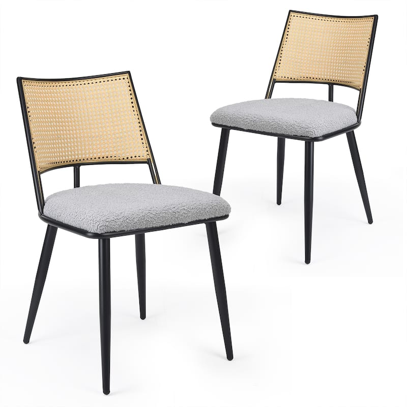 Dining Chairs Set of 2, Mid-Century Modern Kitchen Chairs with Rattan Backrest & Metal Frame, Boucle Upholstered Accent Chairs - Light Grey