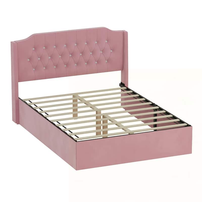 Tufted Upholstered Bed Frame with Crystal Button Accents