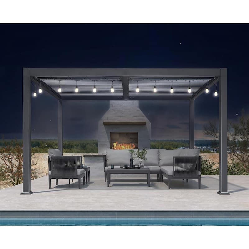 PURPLE LEAF Outdoor Louvered Pergola with Adjustable Metal Roof for Patio Pergola - 10' x 12' - Grey(String Light )