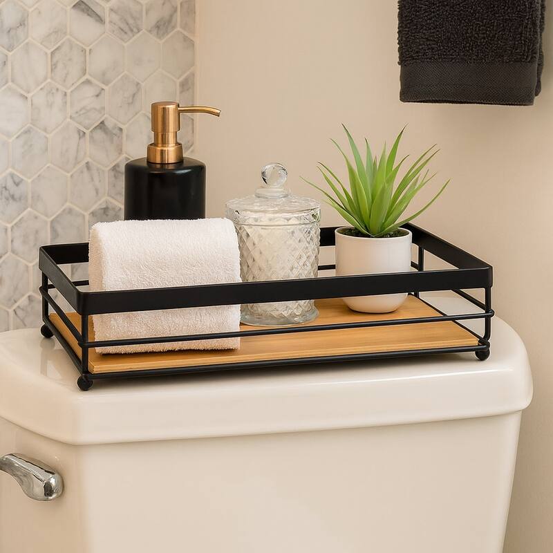 Natural Bamboo Wooden Decorative Storage Organizer Tray - 13.3" x 6.75" - Natural