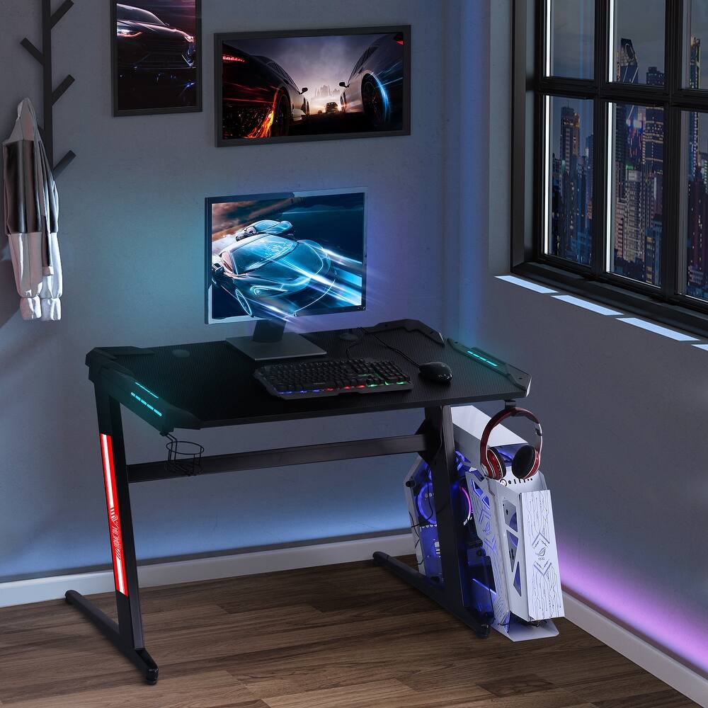HOMCOM 47" Racing Style Gaming Desk, Z-Shaped Computer Table Workstation with LED Lights, Swivel Cup Holder