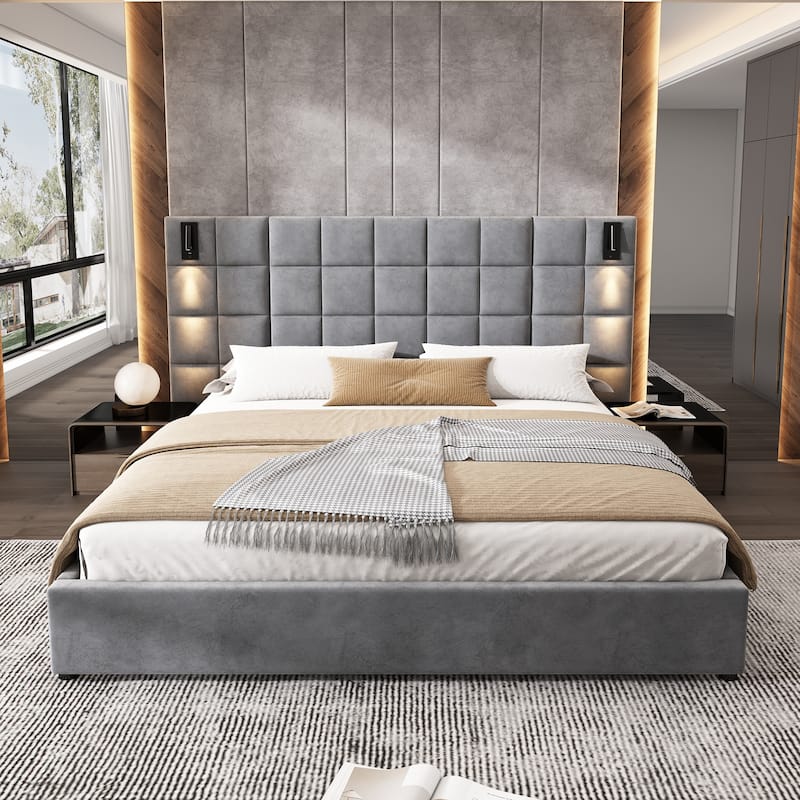 Grey Velvet Upholstered Bedframe Wide Headboard Wingback Bed with Reading Lamp and USB Port - Without Bedside Tables Mattress