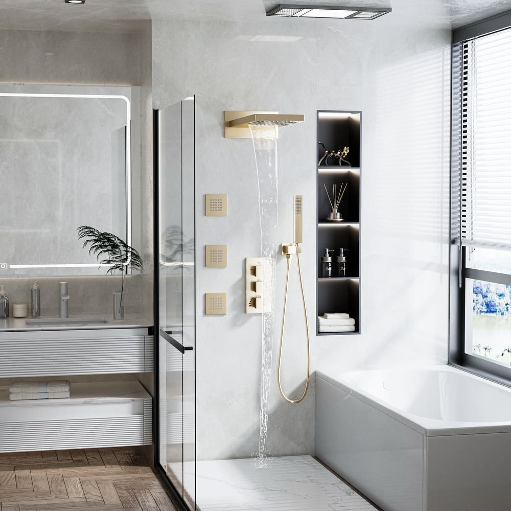 Modland 4-Function Thermostatic Shower System - Wall-mounted, WRAS Valve, 3 Jets, Matte Black/Gold/Nickel/Chrome