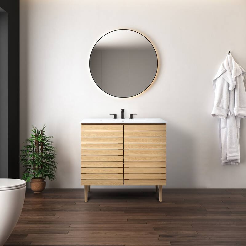 Calandre Thick Linear Slat Modern Farmhouse 2-Shelf Bath Vanity Cabinet Only (Sink Basin not Included), by JONATHAN Y
