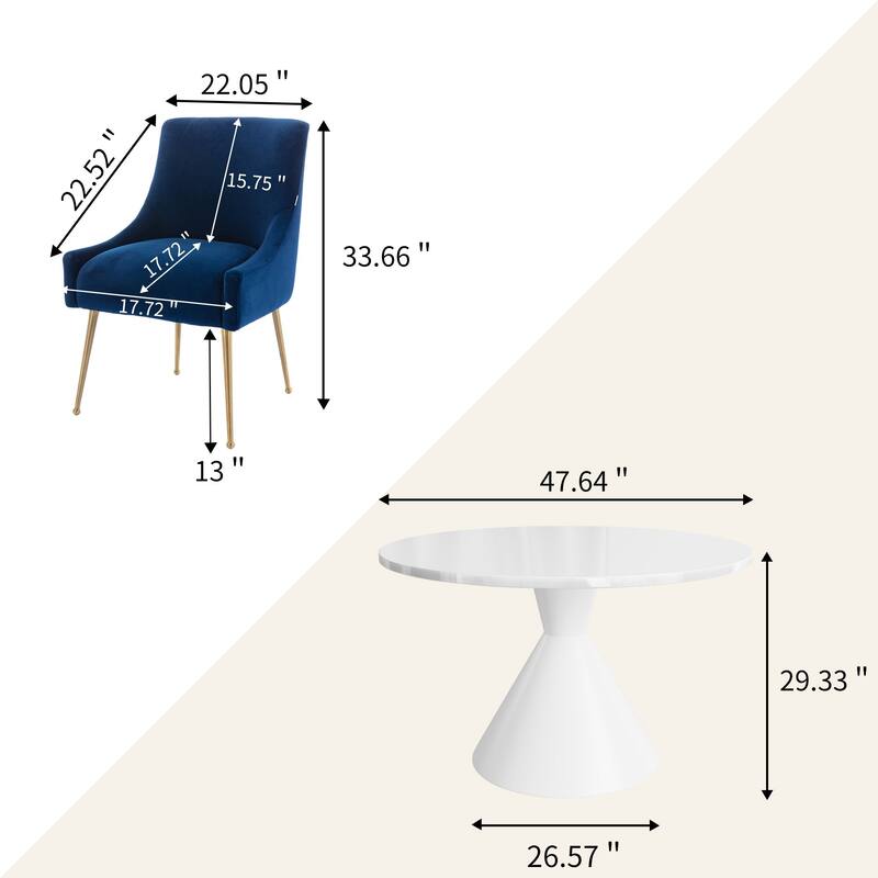 48" Light Luxury White High Gloss Large Countertop Dining Table with Velvet Dining Chair Set