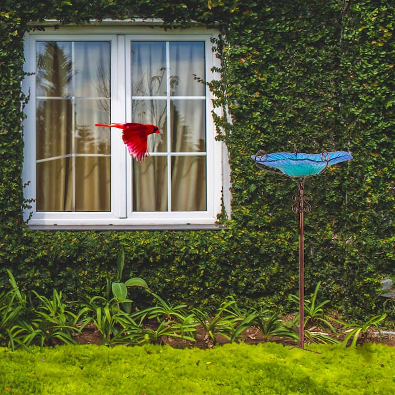 Tall Glass Birdbath Birdfeeder with Metal Stake Garden Yard Outdoor
