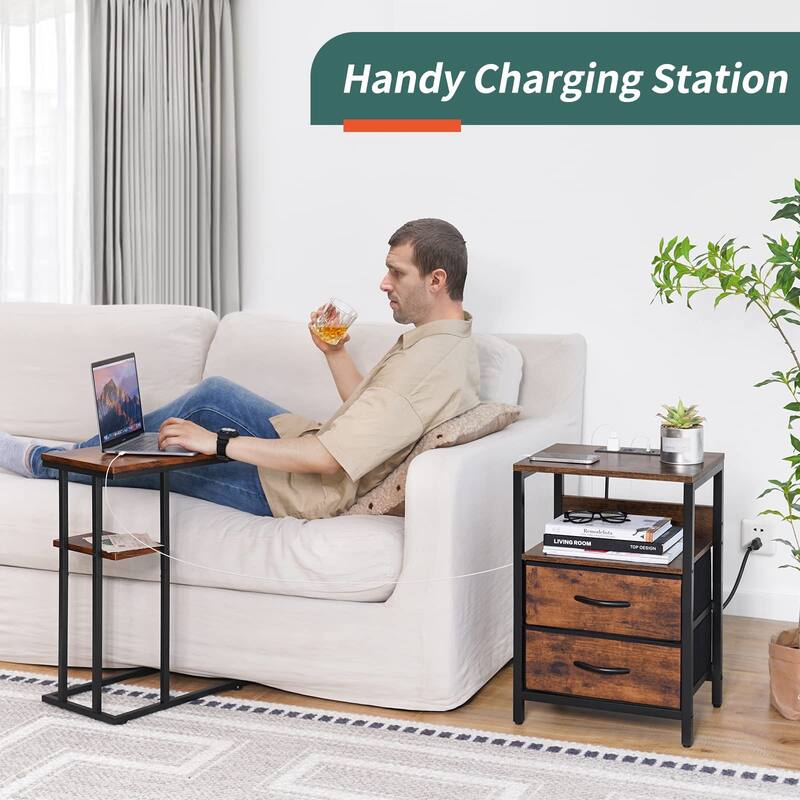Nightstand with Charging Station, Small Night Stand with Fabric Drawers,Small Spaces Bedside Table with USB Ports & Outlets