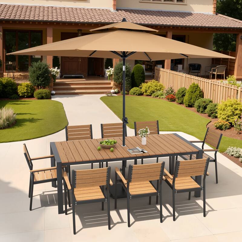 9/11-Piece Patio Dining Set Aluminum Dining Table and Chairs w/10 ft Market Umbrella and Base with Wheels - Set of 11 - Brown Table with Tan Umbrella