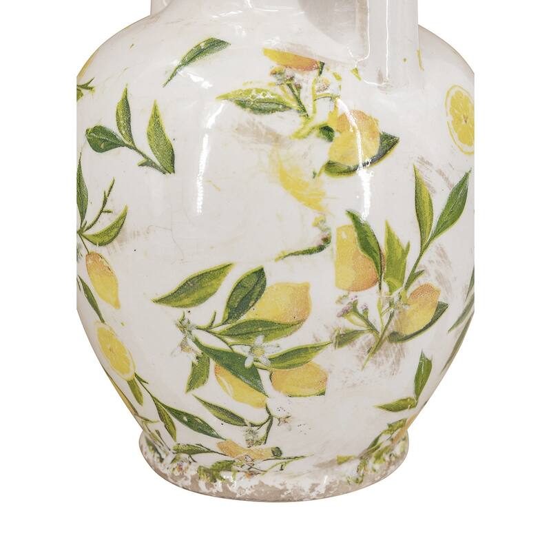 6.7x6.7x8.7" White Ceramic Vase with Yellow Lemon Motif and Small Handles