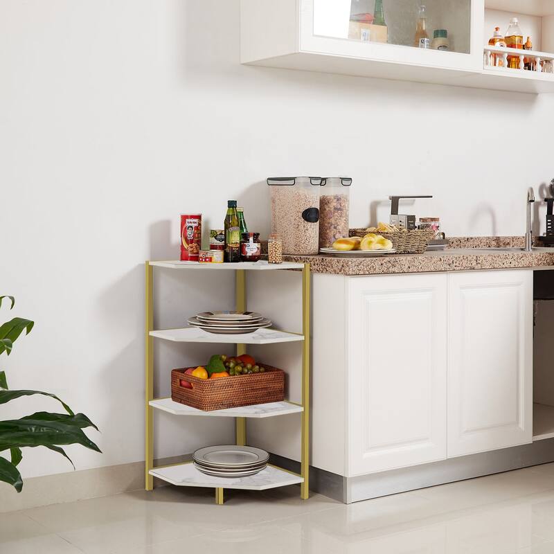 Javlergo Free-Standing 4-Tier Industrial Corner Bookcase Triangle Open Shelf with MDF & Metal Frame for Living Room