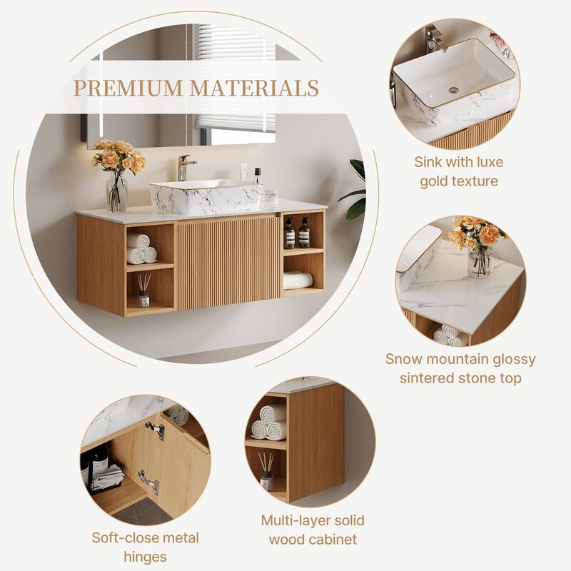 35.83'' Single Bathroom Vanity with Glossy Sintered Stone Top, Light Wood & Dark Wood