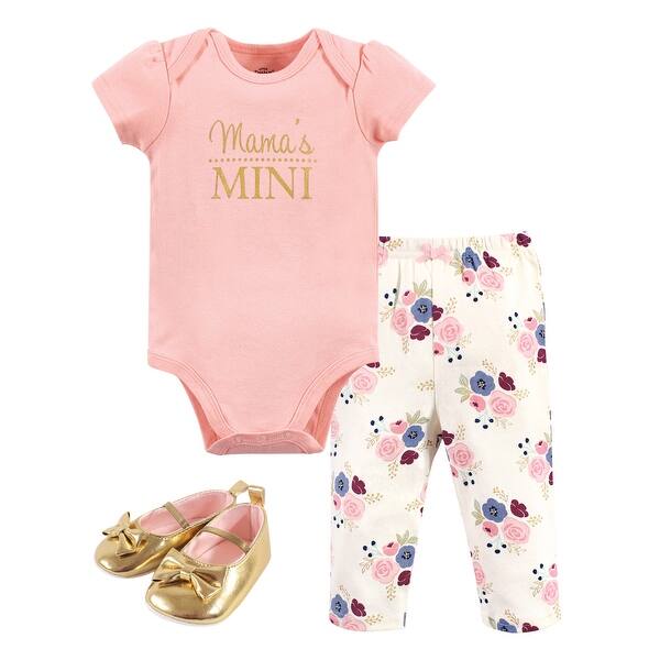 slide 1 of 1, Little Treasure Baby Girl Cotton Bodysuit, Pant and Shoe 3pc Set, Mamas Mini 0-3 Months - Mamas Mini