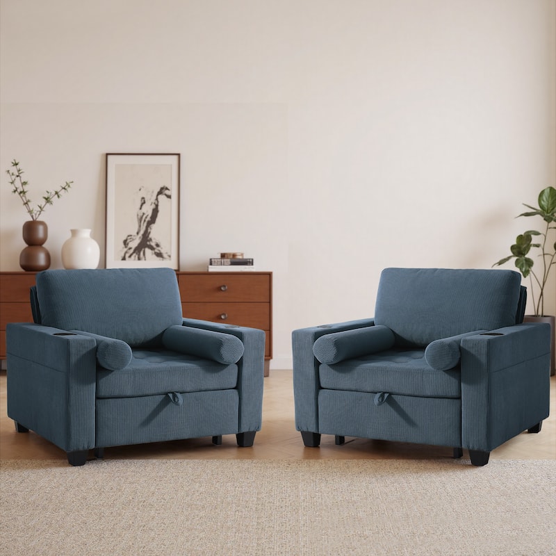 Corduroy Upholstered Accent Chair Convertible Sleeper Chair Set of 2
