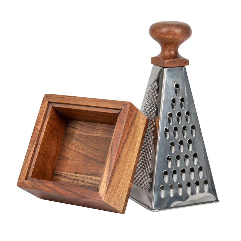 Handheld Stainless Steel Grater with Acacia Wood Handle - 4.8"L x 4.8"W x 11.0"H