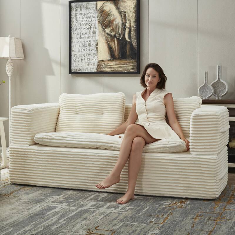 Convertible Floor Sofa Bed with Chaise Lounge, Corduroy 3-in-1 Sofa, Sofa to Bed with Dual-Purpose Blanket, No Assembly Required