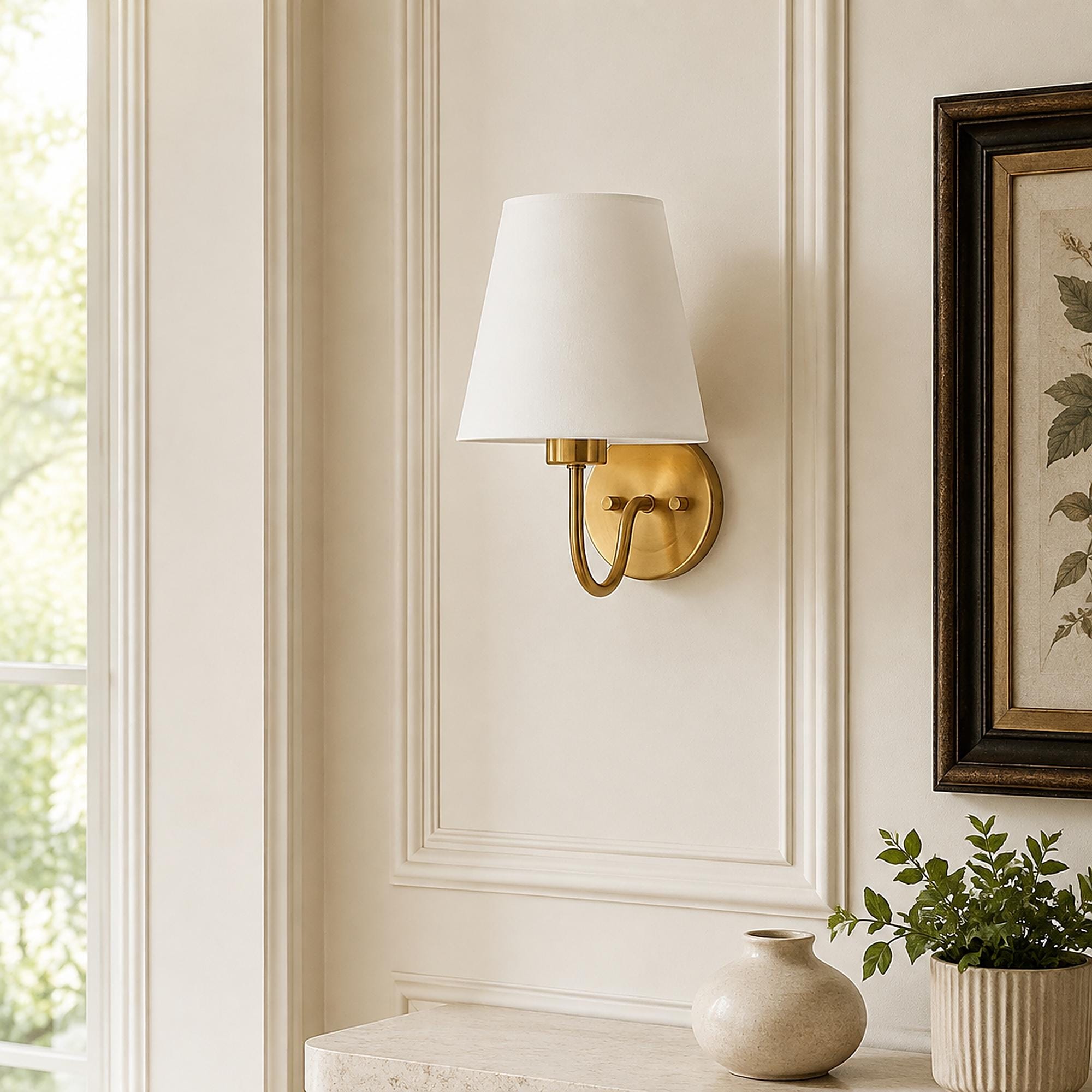 LALUZ Modern Farmhouse Gold Wall Sconce Fabric Bathroom Vanity Light - Dia. 6.7" x H 10.9"