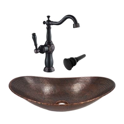 18" Brushed Copper Vessel Bathroom Sink Drain & Faucet Included - 17.75 x10.50" X 4" X 5.5"