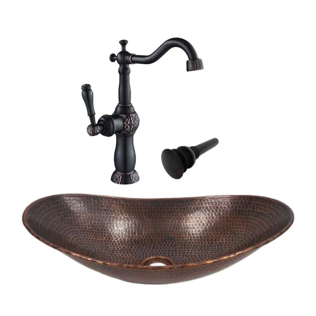 18" Brushed Copper Vessel Bathroom Sink Drain & Faucet Included - 17.75 x10.50" X 4" X 5.5"