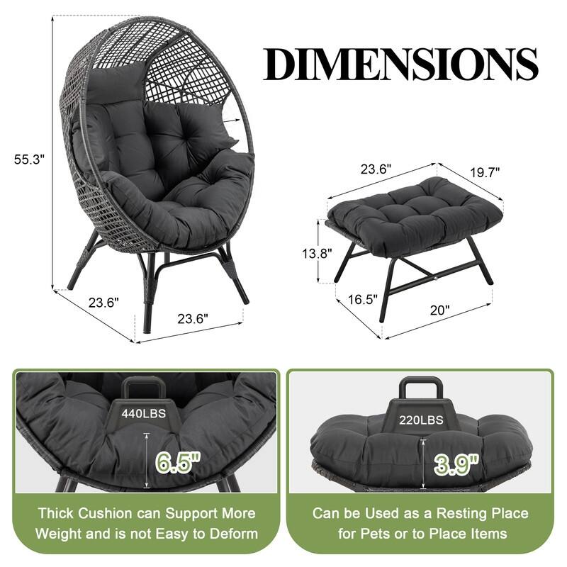 FINCATI Outdoor Wicker Egg Chair Set with Ottoman, Deep Seating, 440 lbs Capacity