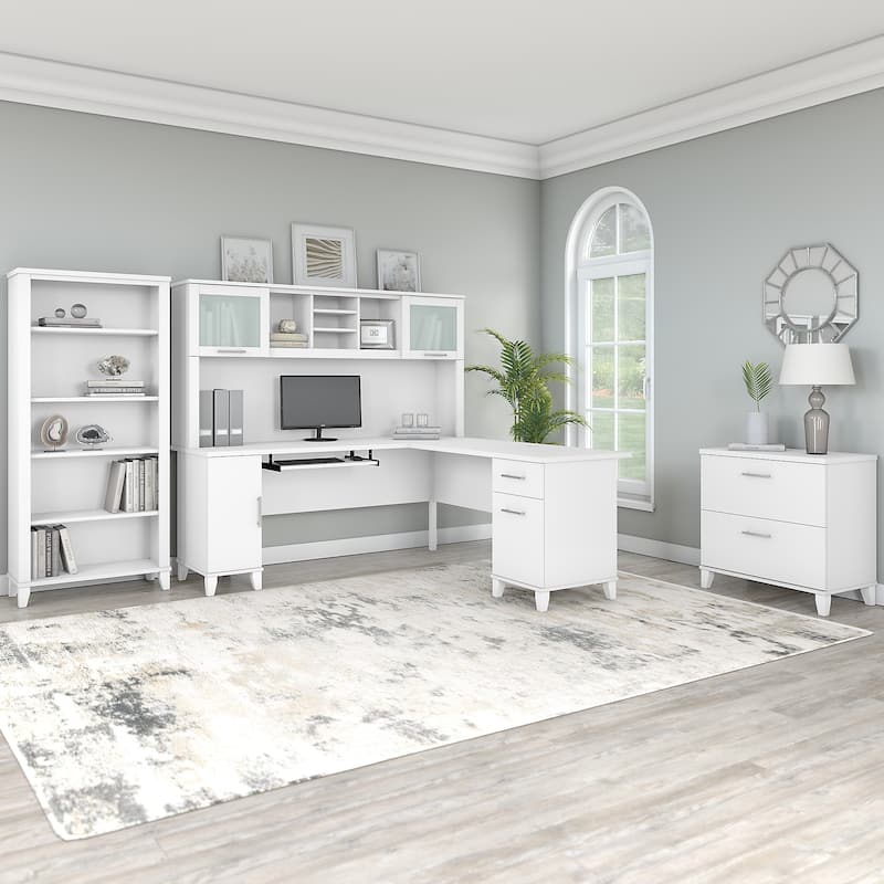 Somerset 72W L Shaped Desk with Hutch, Cabinet and Bookcase in Gray - White