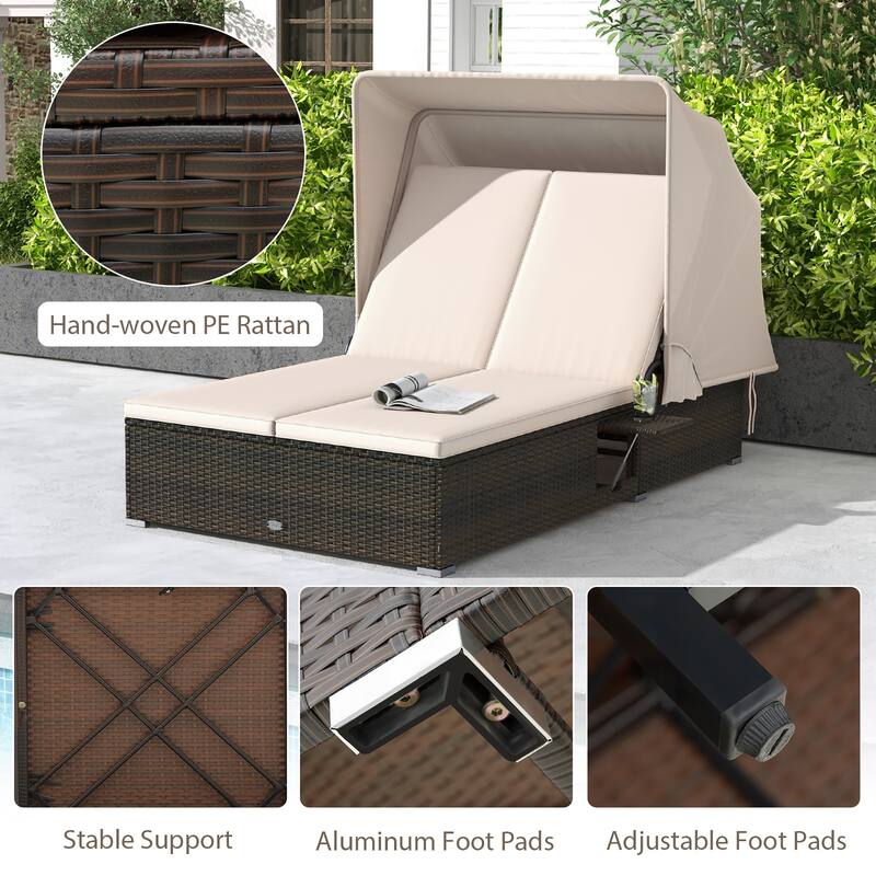 Gymax 2-person Rattan Lounge Bed w/ Retractable Canopy 5-position