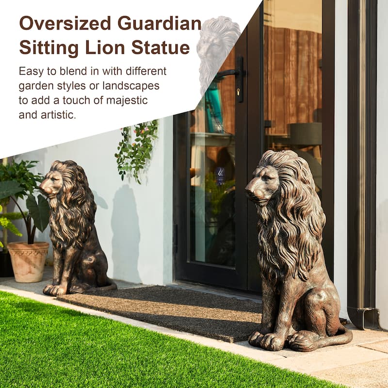 Glitzhome Set of 2 MGO Majestic Sitting Guardian Lion Statues Porch Sculpture Outdoor Indoor