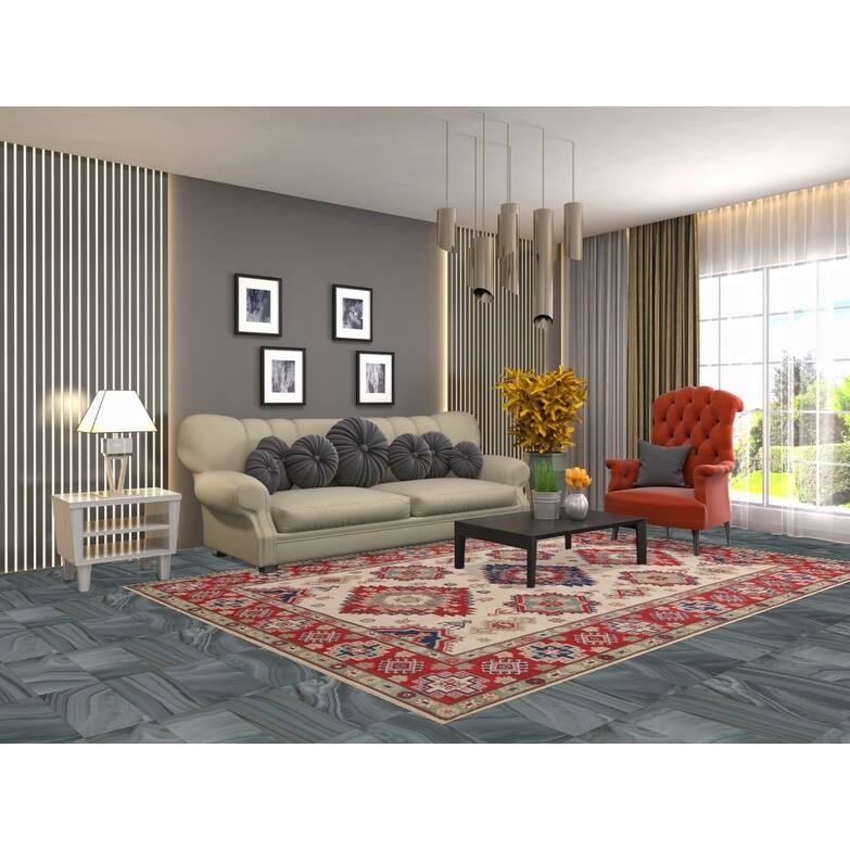 Hand Knotted Oriental 100% Wool Carpet Traditional Geometric Beige & Ivories Kazak Area Rug - 9' 9'' X 6' 8''