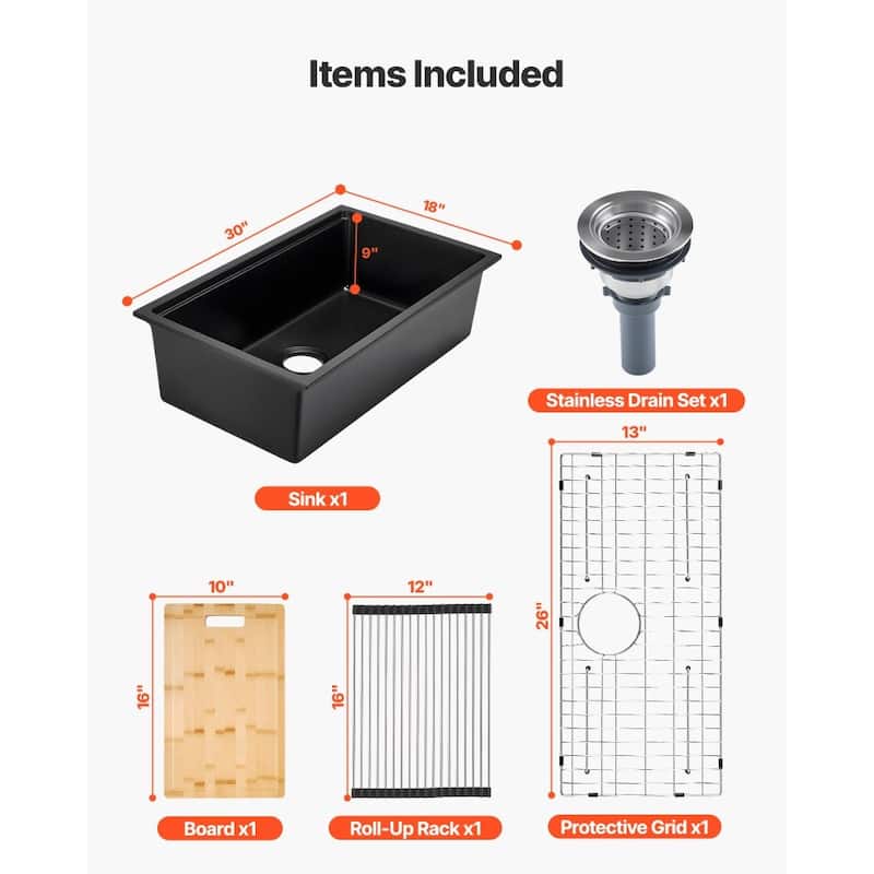 Black Granite Undermount Kitchen Sink with Single Bowl and Cutting Board and Roll-Up Rack