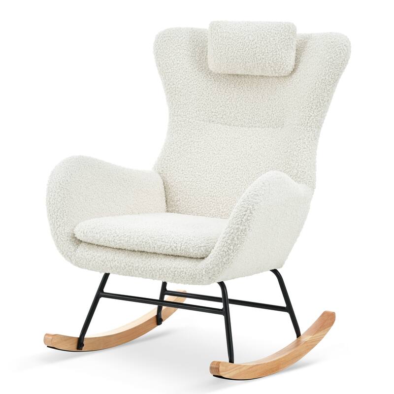 Polyester Glider Chair with Adjustable Headrest and Storage Pocket, Rubber Wood Base