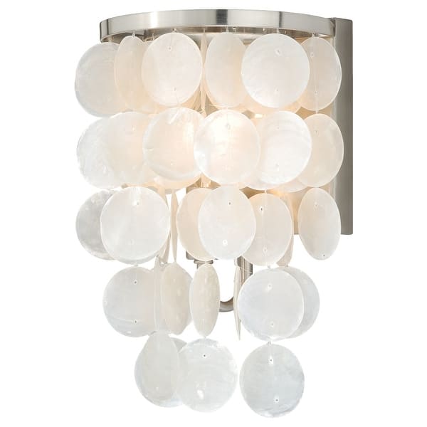 slide 2 of 8, Elsa 1-Light 6.5 in. W Satin Nickel Bathroom Vanity Lighting Fixture, Capiz Shell, Dimmable, LED Compatible, Wall Mount Sconce 6.5-in W x 10.75-in H x 5.5-in D - Satin Nickel
