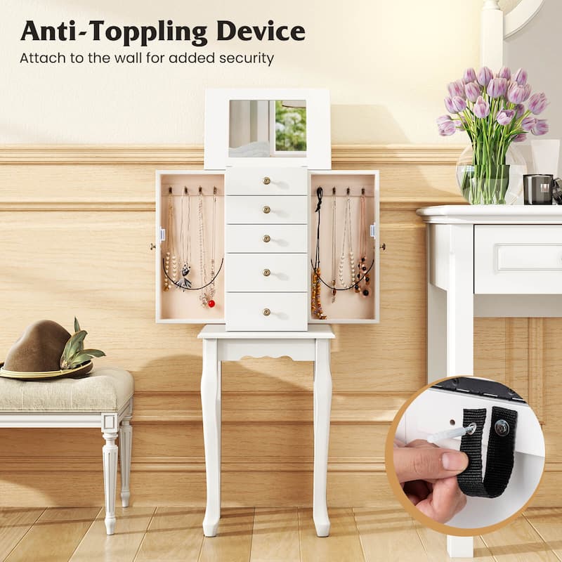 Costway Jewelry Cabinet Storage Chest Standing Organizer Mirror White - See Details