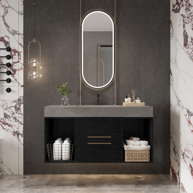 GDFStudio - Modern 39.4" Wall Mounted Floating Sintered Stone Bathroom Vanity with Seamless Ceramic Sink & Soft-Close Drawers